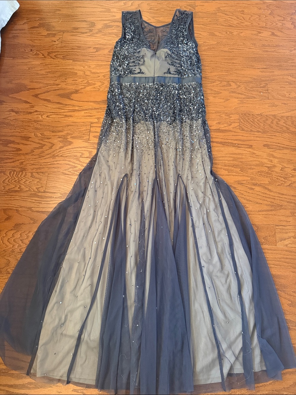 Adrianna Papell beaded mermaid mesh gown in graphite and taupe - Picture 9 of 15